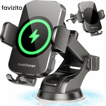 favizito 3 in 1 Wireless Car Charger, Fast Charging Phone Holder Sucking And Auto Clamping Phone Mount Car Accessories Compatible with iPhone 16 15 14 13 12 11 Xs XR, Samsung S23 Ultra S22 S21 S20/S10+ S9+ Note 9 And Other Smartphones