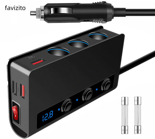 favizito Car Fast Charger Cigarette Lighter Adapter With 3-Socket And 3 USB And 1 TypeC. 180w 12v/24v, Quick Charge 3.0 And PD 18W with LED Voltage Display, Upgraded On Off Switch, Car Interior Accessories