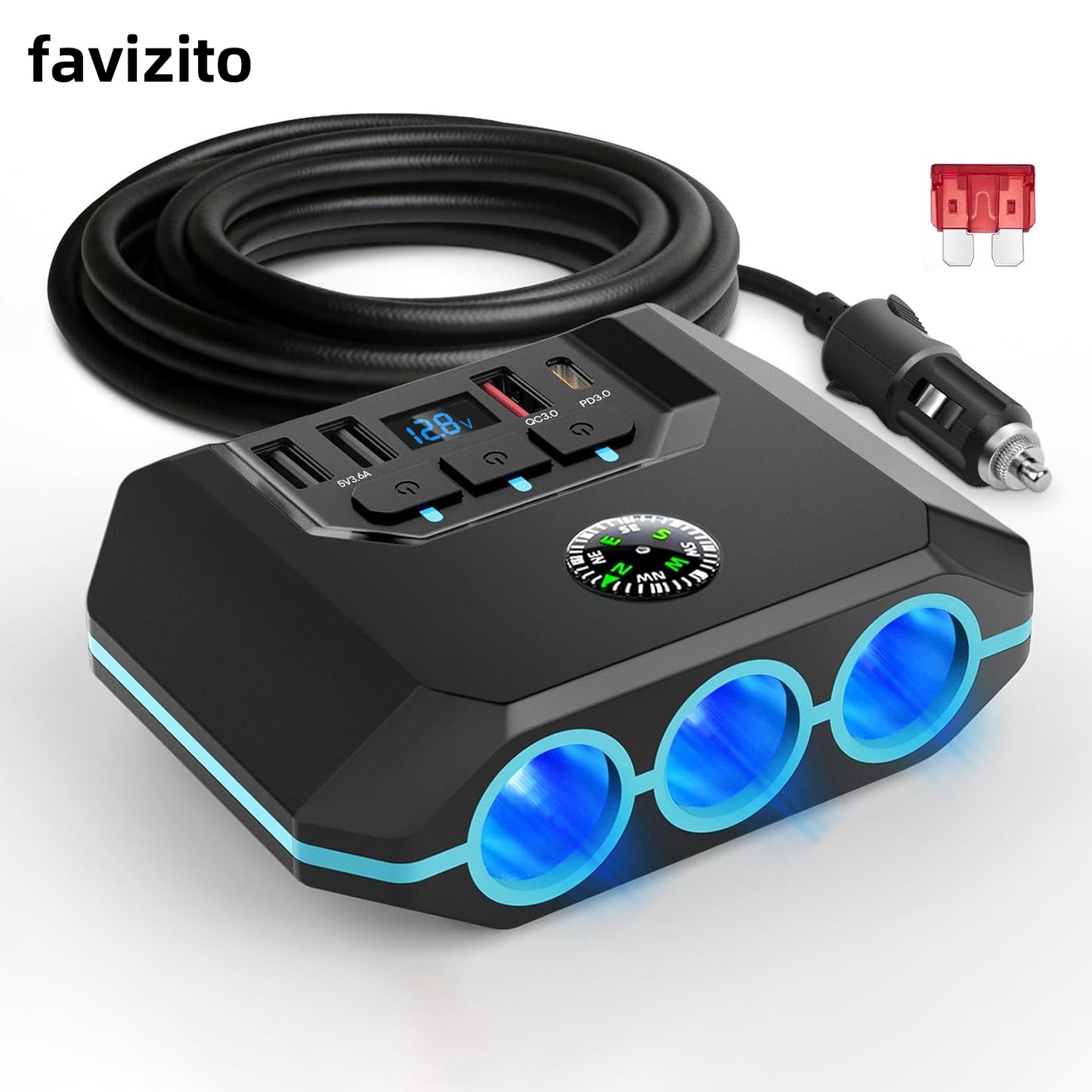 Favizito Upgraded Car Cigarette Lighter Adapter Splitter, 120W, 3 Sockets+3 USB+ 1 TypeC include 2 Quick Charge Ports, QC 3.0 And PD 3.0, LED Voltmeter, Independent Switches, Car Fast Charger, Suitable for 12V-24V Vehicles