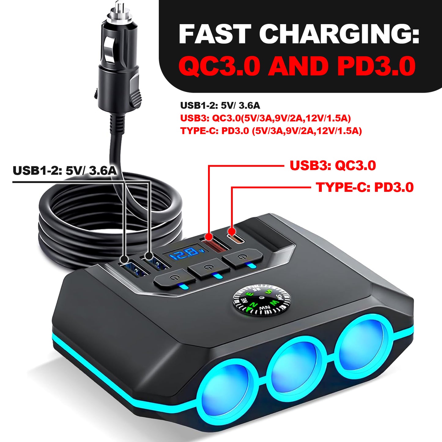 Favizito Upgraded Car Cigarette Lighter Adapter Splitter, 120W, 3 Sockets+3 USB+ 1 TypeC include 2 Quick Charge Ports, QC 3.0 And PD 3.0, LED Voltmeter, Independent Switches, Car Fast Charger, Suitable for 12V-24V Vehicles