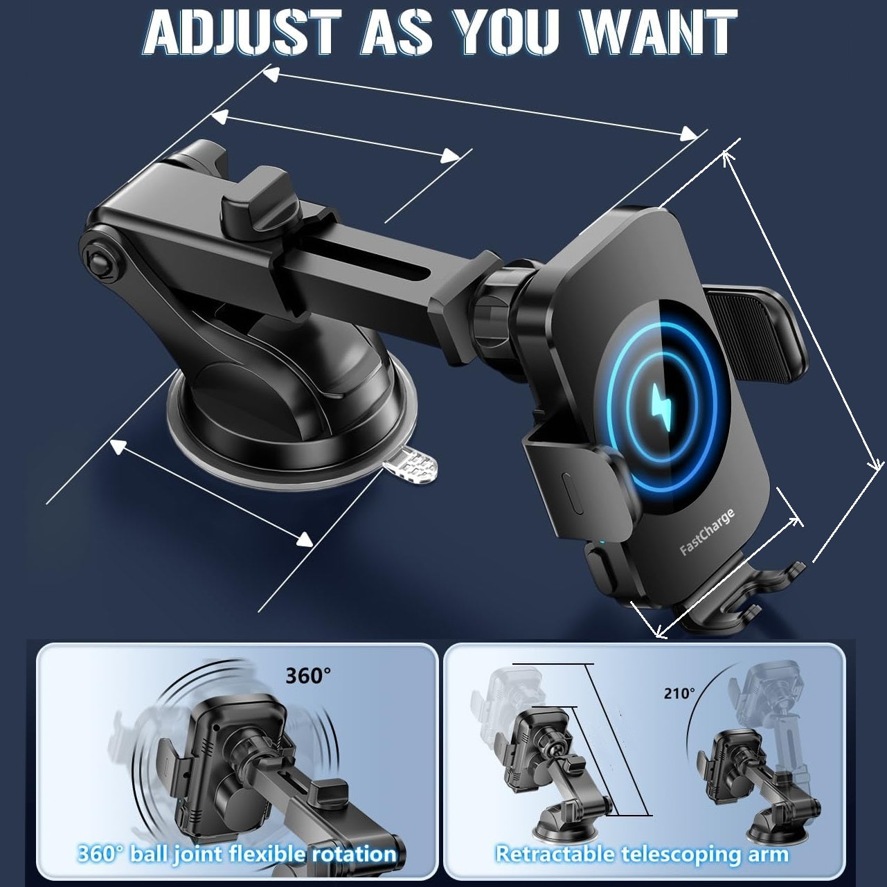 favizito 3 in 1 Wireless Car Charger, Fast Charging Phone Holder Sucking And Auto Clamping Phone Mount Car Accessories Compatible with iPhone 16 15 14 13 12 11 Xs XR, Samsung S23 Ultra S22 S21 S20/S10+ S9+ Note 9 And Other Smartphones