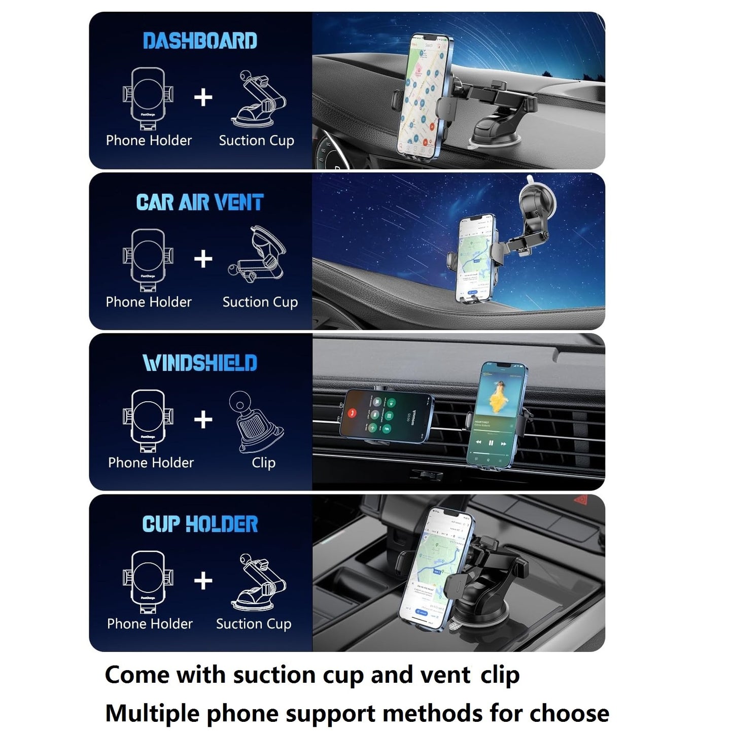 favizito 3 in 1 Wireless Car Charger, Fast Charging Phone Holder Sucking And Auto Clamping Phone Mount Car Accessories Compatible with iPhone 16 15 14 13 12 11 Xs XR, Samsung S23 Ultra S22 S21 S20/S10+ S9+ Note 9 And Other Smartphones