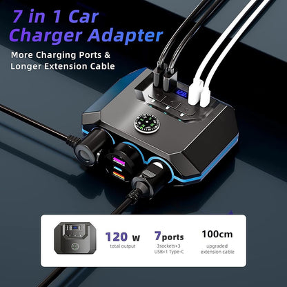 Favizito Upgraded Car Cigarette Lighter Adapter Splitter, 120W, 3 Sockets+3 USB+ 1 TypeC include 2 Quick Charge Ports, QC 3.0 And PD 3.0, LED Voltmeter, Independent Switches, Car Fast Charger, Suitable for 12V-24V Vehicles