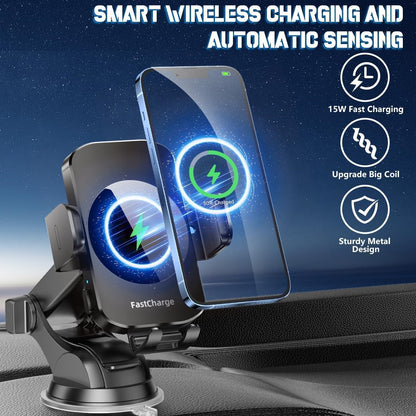 favizito 3 in 1 Wireless Car Charger, Fast Charging Phone Holder Sucking And Auto Clamping Phone Mount Car Accessories Compatible with iPhone 16 15 14 13 12 11 Xs XR, Samsung S23 Ultra S22 S21 S20/S10+ S9+ Note 9 And Other Smartphones