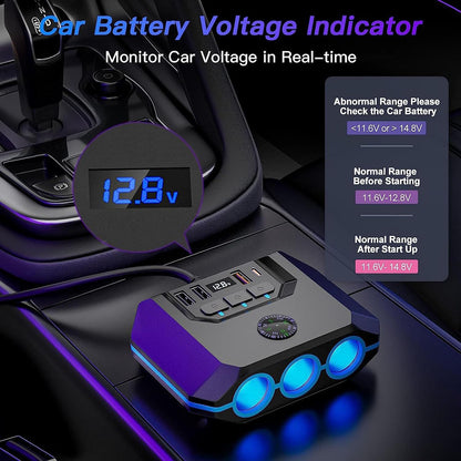 Favizito Upgraded Car Cigarette Lighter Adapter Splitter, 120W, 3 Sockets+3 USB+ 1 TypeC include 2 Quick Charge Ports, QC 3.0 And PD 3.0, LED Voltmeter, Independent Switches, Car Fast Charger, Suitable for 12V-24V Vehicles