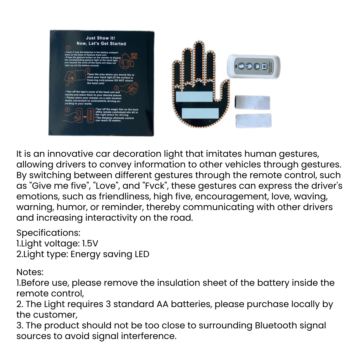 FAVIZITO Car Fun Finger Gesture Light with Remote,  Give The Love & Bird & Wave to Drivers