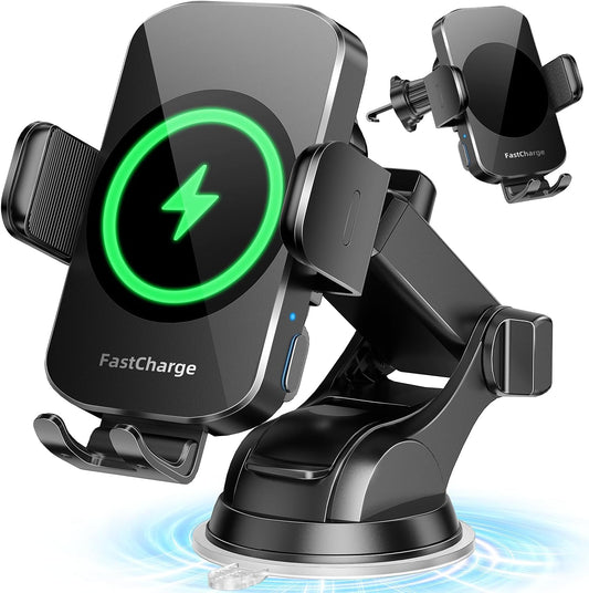 favizito 3 in 1 Wireless Car Charger, Fast Charging Phone Holder Sucking And Auto Clamping Phone Mount Car Accessories Compatible with iPhone 16 15 14 13 12 11 Xs XR, Samsung S23 Ultra S22 S21 S20/S10+ S9+ Note 9 And Other Smartphones